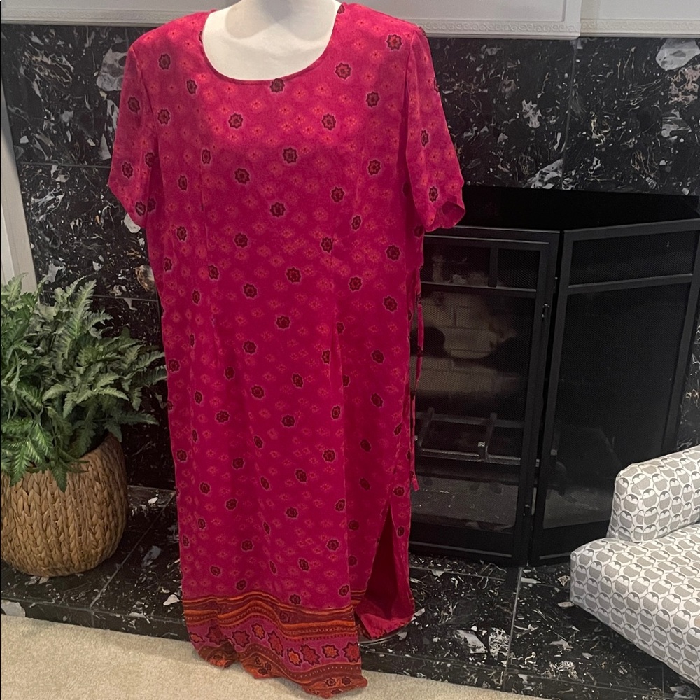 Pink Floral Print Maxi Dress with Decorative Hem